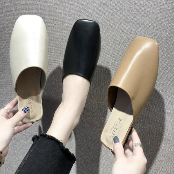 Women Fashion Summer Square Toe Solid Color Cover Toe PU Mules Slippers