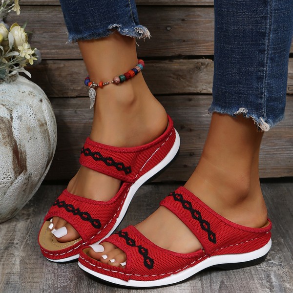 Fashion Outer Wear Wedge Heel Flying Knit Vintage Ethnic Style Women Casual Round Toe Slippers