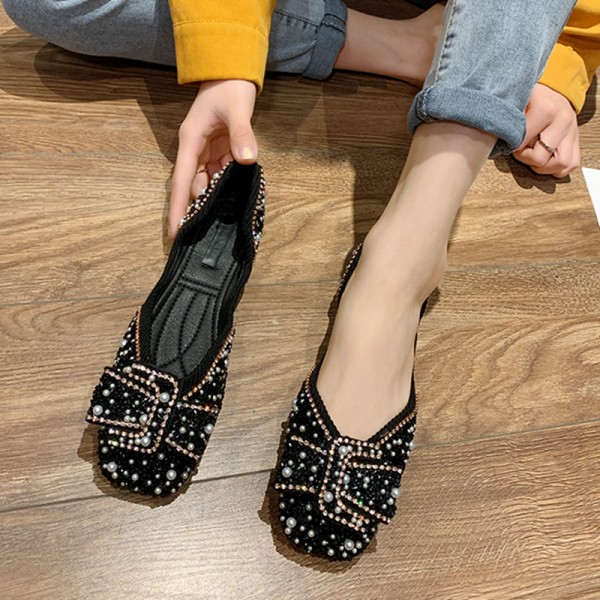 Women Fashion Elegant Pearl Rhinestone Decorative Square Toe Flat Loafers