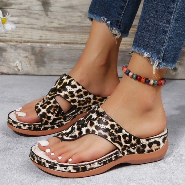 Women Fashion Flip Leopard Hugh Wedge Flat Slippers Large Size