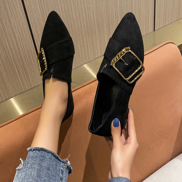 Fashion Women Elegant Low Heel Pionted Toe Sdede Metal Shoe Buckle Loafers