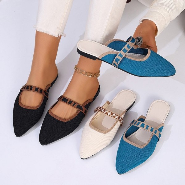 Women Fashion Plus Size Toe Fly-Woven Breathable Flat Mule Shoes